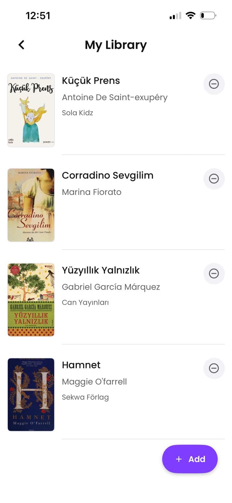 Personal library and wishlist management screen
